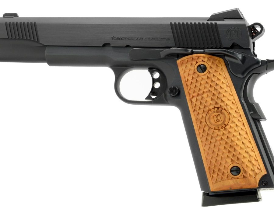 GOV II 1911 45ACP BLUE 8+1 NOVAK REAR SGT/CHECK WOOD GRIP